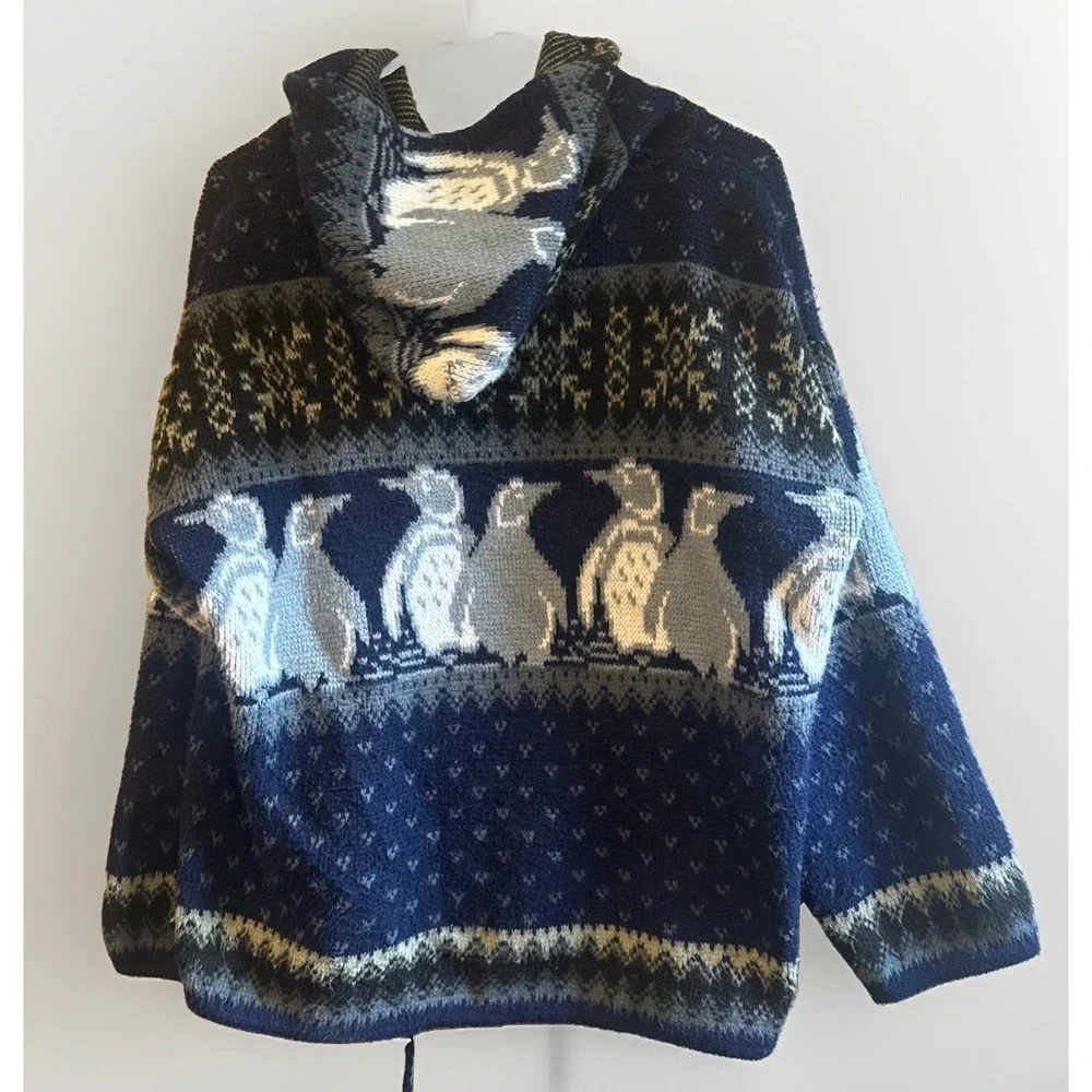 Tejidos Ruminahui VTG Full Zip Hooded Penguin Sweater Size Large Pockets